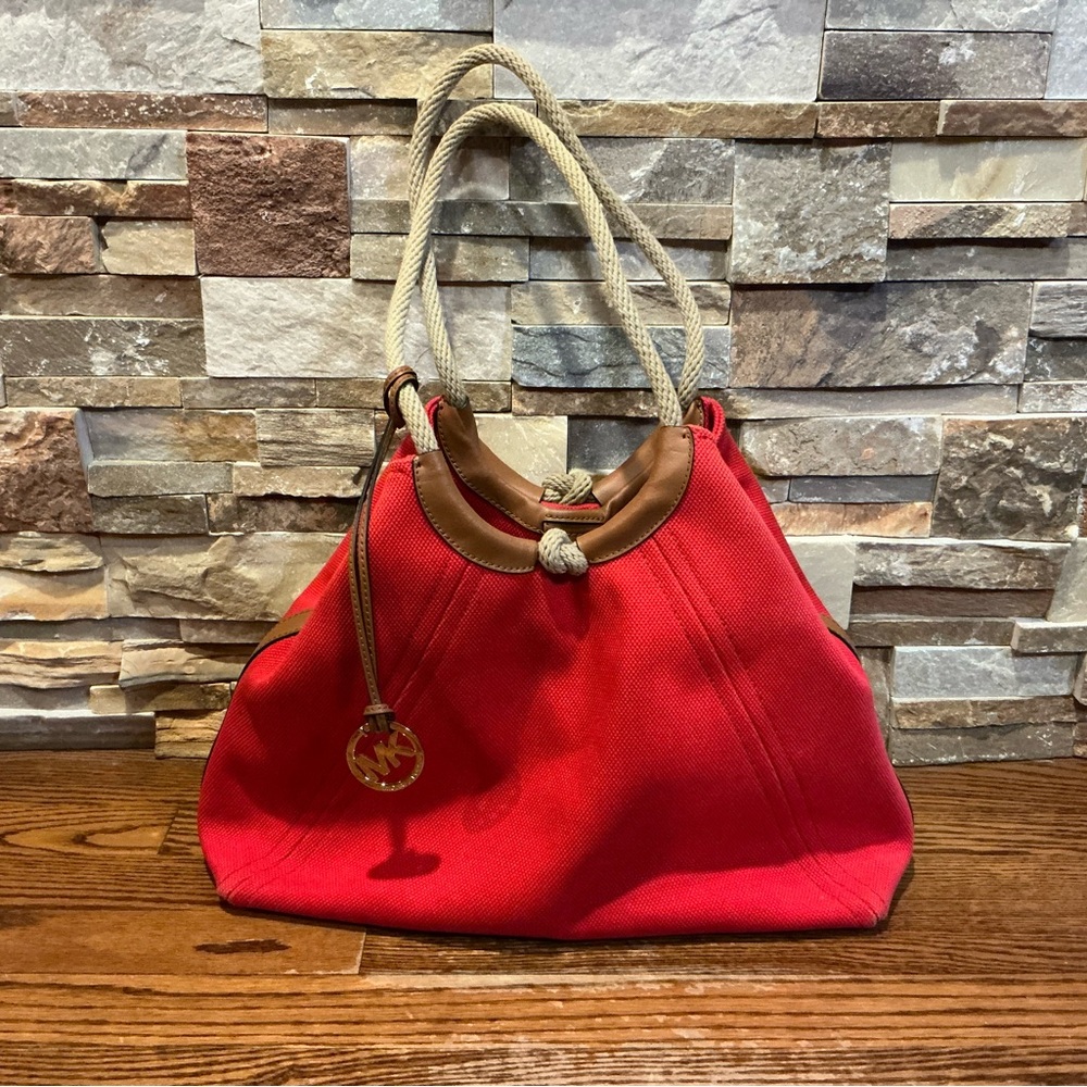 Michael Kors Isla  Red Canvas Tote with Tan Trim and Rope Handles